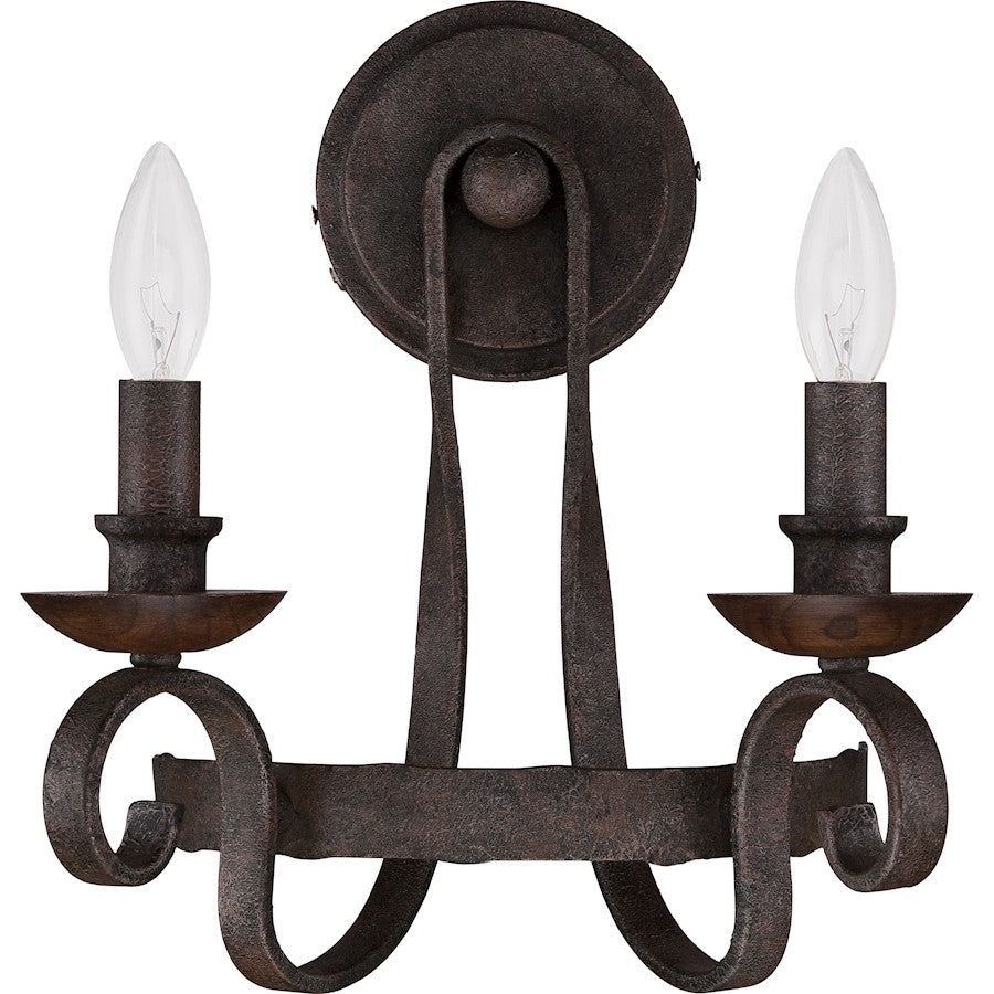 Quoizel Noble 2-Light Wall Sconce | Traditional Rustic Black Steel and Walnut Wood | Bedroom & Hallway Accent Light | Model NBE8702RK