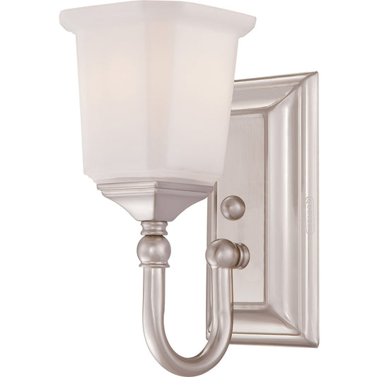 Quoizel Nicholas 10in 1-Light Wall Sconce | Mid-Century Brushed Nickel and Opal Etched Glass | Bedroom & Hallway | 5 x 7 x 10 in | Model NL8601BN