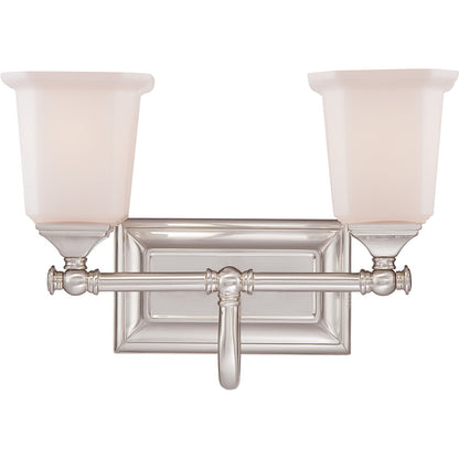 Quoizel Nicholas 15in 2-Light Vanity Light | Mid-Century Brushed Nickel and Opal Etched Glass | Bathroom Vanity & Powder Room | Model NL8602BN