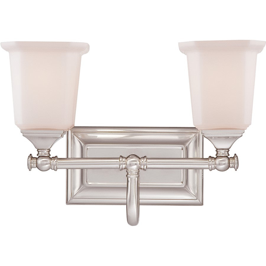 Quoizel Nicholas 15in 2-Light Vanity Light | Mid-Century Brushed Nickel and Opal Etched Glass | Bathroom Vanity & Powder Room | Model NL8602BN