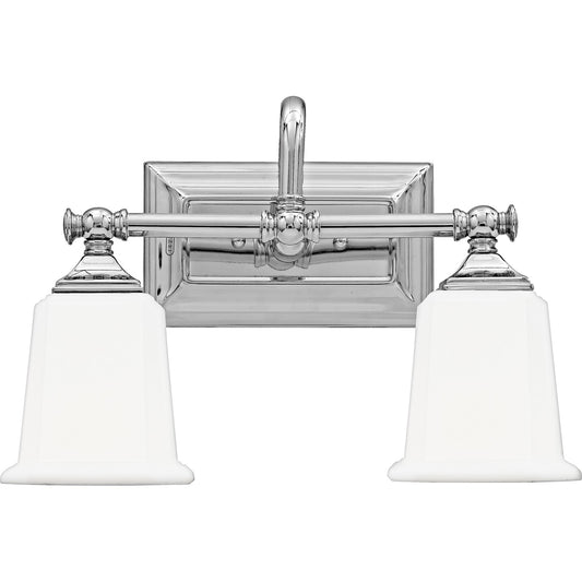 Quoizel Nicholas 15in 2-Light Vanity Light | Mid-Century Polished Chrome and Opal Etched Glass | Bathroom Vanity & Powder Room | Model NL8602C