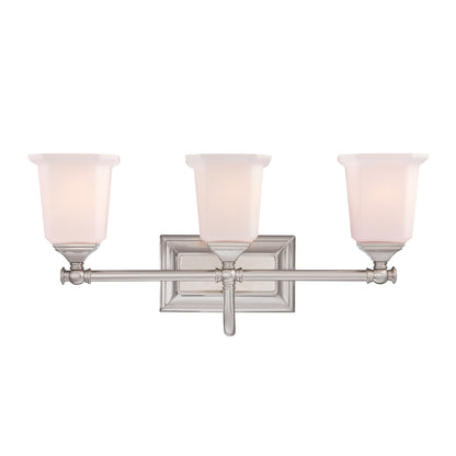 Quoizel Nicholas 22in 3-Light Vanity Light | Mid-Century Brushed Nickel and Opal Etched Glass | Bathroom Vanity & Powder Room | Model NL8603BN