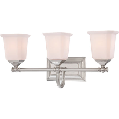 Quoizel Nicholas 22in 3-Light Vanity Light | Mid-Century Brushed Nickel and Opal Etched Glass | Bathroom Vanity & Powder Room | Model NL8603BN