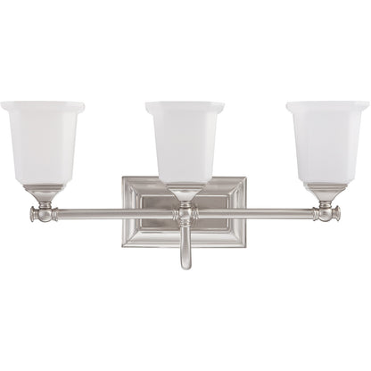 Quoizel Nicholas 22in 3-Light Vanity Light | Mid-Century Brushed Nickel and Opal Etched Glass | Bathroom Vanity & Powder Room | Model NL8603BN