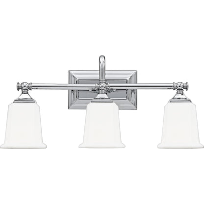 Quoizel Nicholas 22in 3-Light Vanity Light | Mid-Century Polished Chrome and Opal Etched Glass | Bathroom Vanity & Powder Room | Model NL8603C