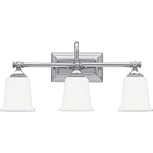 Quoizel Nicholas 22in 3-Light Vanity Light | Mid-Century Polished Chrome and Opal Etched Glass | Bathroom Vanity & Powder Room | Model NL8603C