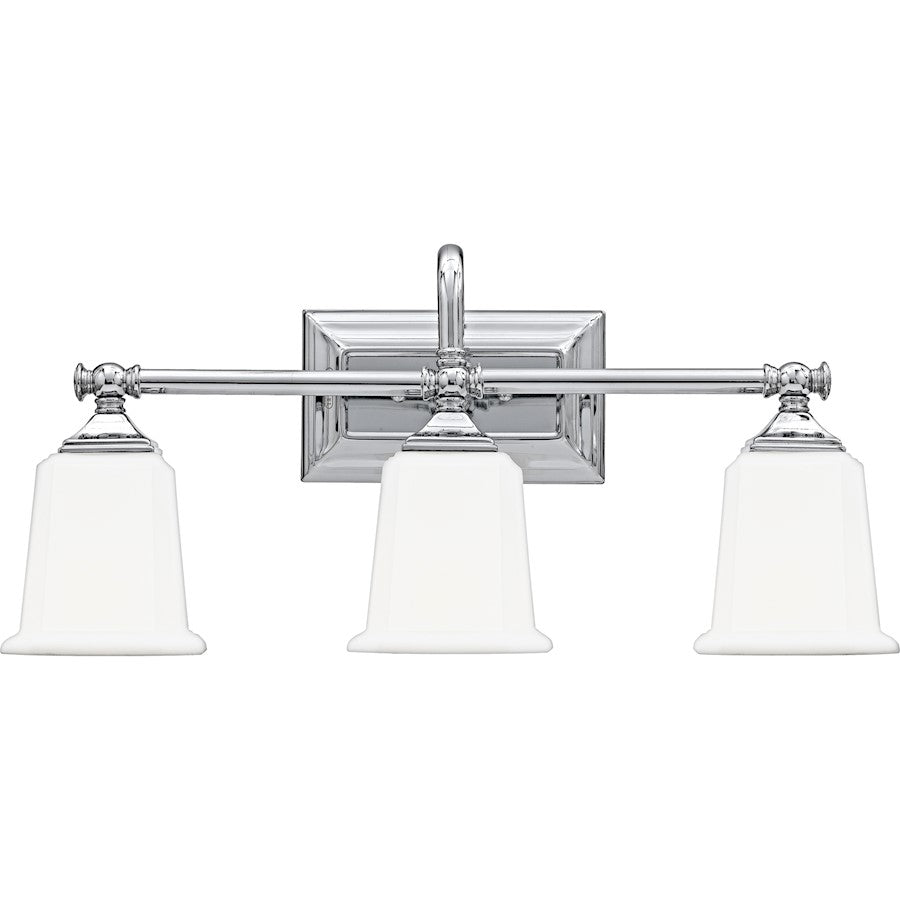 Quoizel Nicholas 22in 3-Light Vanity Light | Mid-Century Polished Chrome and Opal Etched Glass | Bathroom Vanity & Powder Room | Model NL8603C