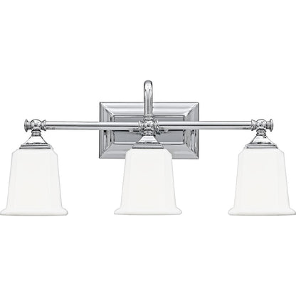 Quoizel Nicholas 22in 3-Light Vanity Light | Mid-Century Polished Chrome and Opal Etched Glass | Bathroom Vanity & Powder Room | Model NL8603C