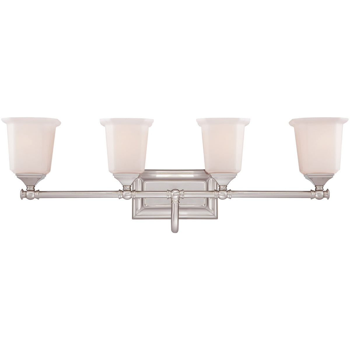 Quoizel Nicholas 30in 4-Light Vanity Light | Mid-Century Brushed Nickel and Opal Etched Glass | Bathroom Vanity | 30.5 x 7 x 10 in | Model NL8604BN