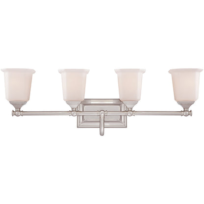 Quoizel Nicholas 30in 4-Light Vanity Light | Mid-Century Brushed Nickel and Opal Etched Glass | Bathroom Vanity | 30.5 x 7 x 10 in | Model NL8604BN