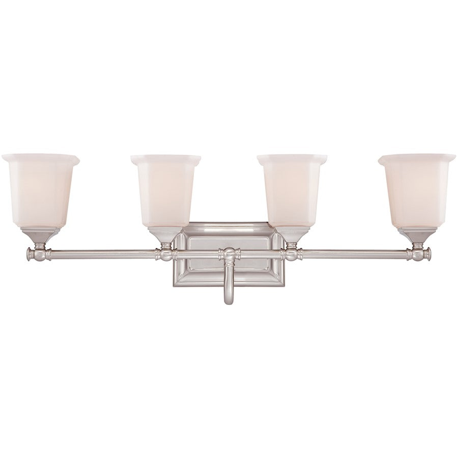 Quoizel Nicholas 30in 4-Light Vanity Light | Mid-Century Brushed Nickel and Opal Etched Glass | Bathroom Vanity | 30.5 x 7 x 10 in | Model NL8604BN