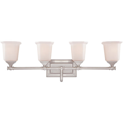 Quoizel Nicholas 30in 4-Light Vanity Light | Mid-Century Brushed Nickel and Opal Etched Glass | Bathroom Vanity | 30.5 x 7 x 10 in | Model NL8604BN
