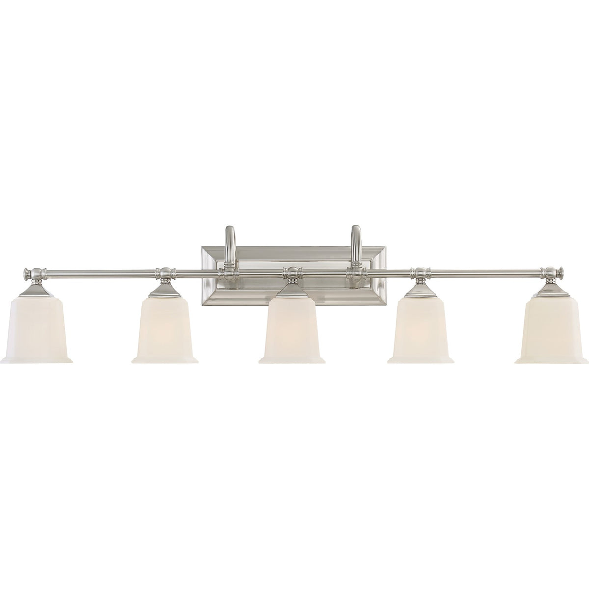 Quoizel Nicholas 42in 5-Light Vanity Light | Mid-Century Brushed Nickel and Opal Etched Glass | Bathroom Vanity | 41.75 x 7 x 10 in | Model NL8605BN