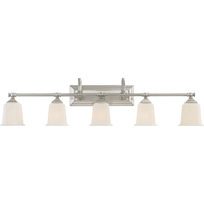 Quoizel Nicholas 42in 5-Light Vanity Light | Mid-Century Brushed Nickel and Opal Etched Glass | Bathroom Vanity | 41.75 x 7 x 10 in | Model NL8605BN