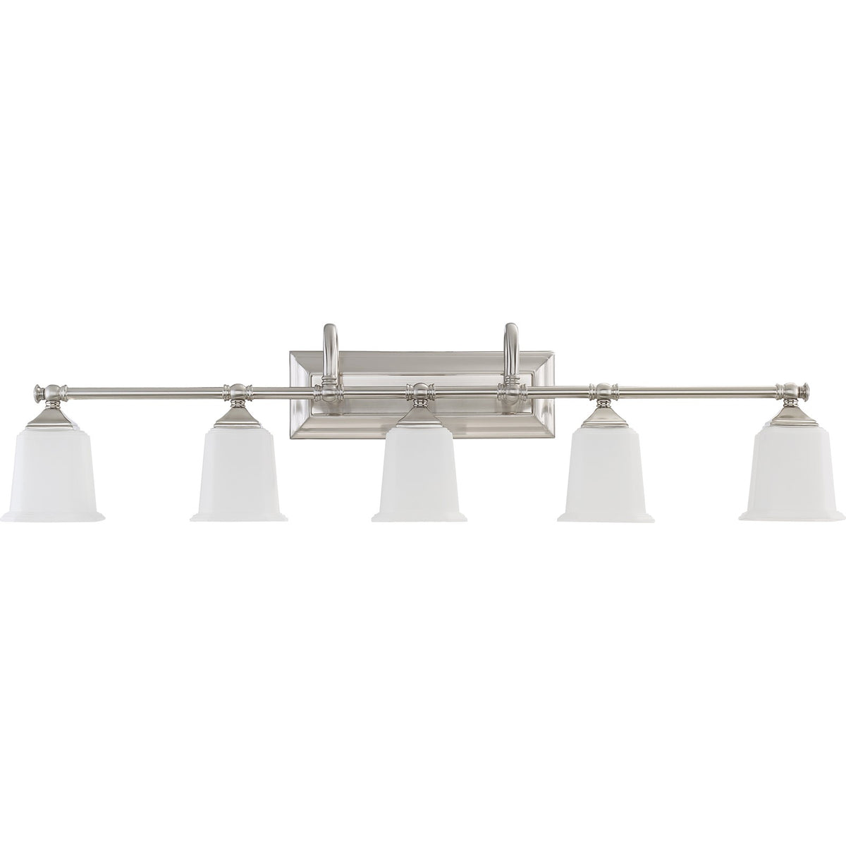 Quoizel Nicholas 42in 5-Light Vanity Light | Mid-Century Brushed Nickel and Opal Etched Glass | Bathroom Vanity | 41.75 x 7 x 10 in | Model NL8605BN