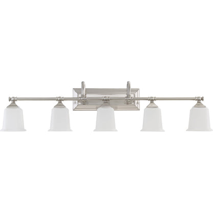 Quoizel Nicholas 42in 5-Light Vanity Light | Mid-Century Brushed Nickel and Opal Etched Glass | Bathroom Vanity | 41.75 x 7 x 10 in | Model NL8605BN
