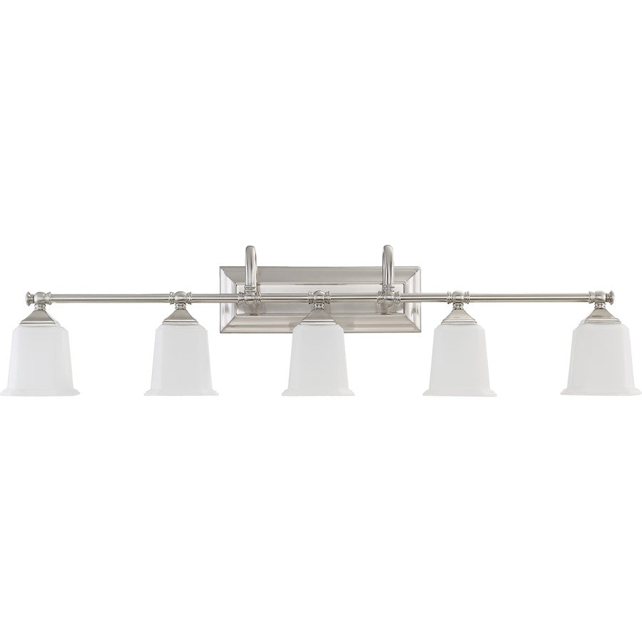 Quoizel Nicholas 42in 5-Light Vanity Light | Mid-Century Brushed Nickel and Opal Etched Glass | Bathroom Vanity | 41.75 x 7 x 10 in | Model NL8605BN