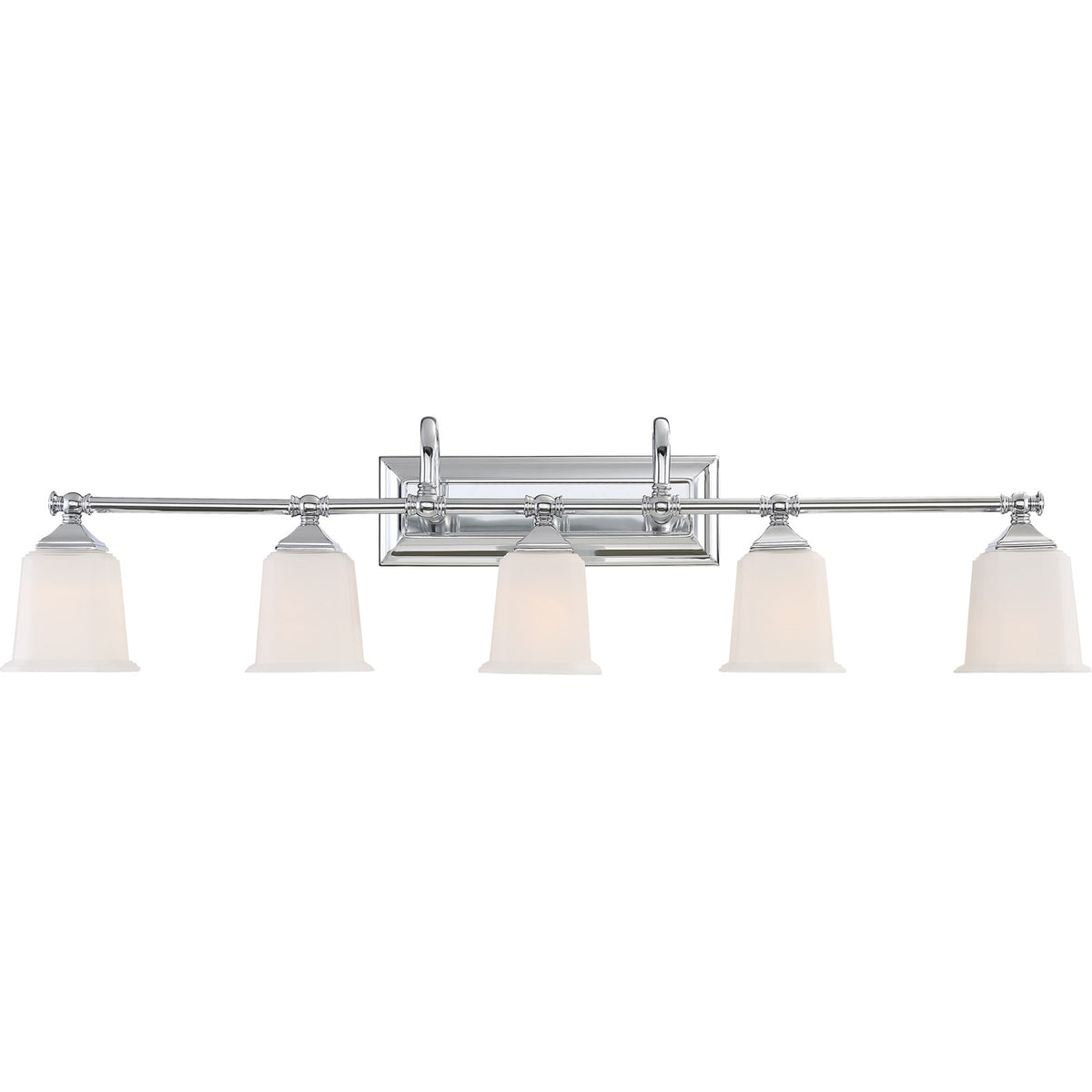 Quoizel Nicholas 42in 5-Light Vanity Light | Mid-Century Polished Chrome and Opal Etched Glass | Bathroom Vanity | 41.75 x 7 x 10 in | Model NL8605C