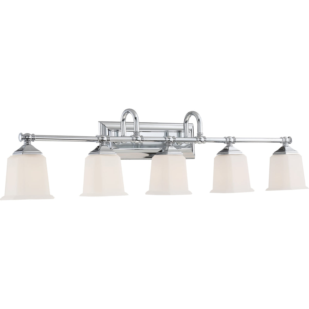 Quoizel Nicholas 42in 5-Light Vanity Light | Mid-Century Polished Chrome and Opal Etched Glass | Bathroom Vanity | 41.75 x 7 x 10 in | Model NL8605C