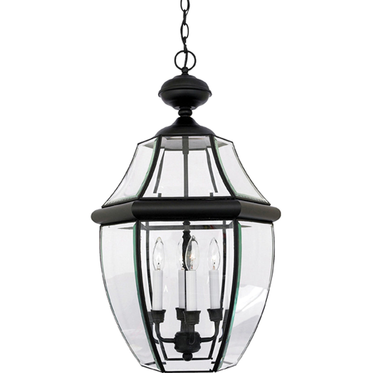 Quoizel Newbury 16in 4-Light Outdoor Hanging Lantern | Classic Mystic Black Brass and Clear Beveled Glass | Front Porch & Entryway | Model NY1180K