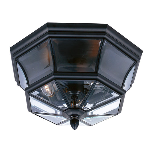 Quoizel Newbury 15in 3-Light Outdoor Flush Mount | Classic Mystic Black Brass and Clear Beveled Glass | Front Porch & Entryway | Model NY1794K