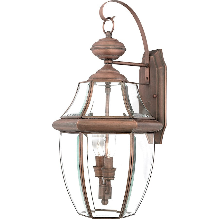 Quoizel Newbury 10in 2-Light Outdoor Wall Lantern | Traditional Aged Copper and Clear Beveled Glass | Front Door & Porch | Model NY8317AC