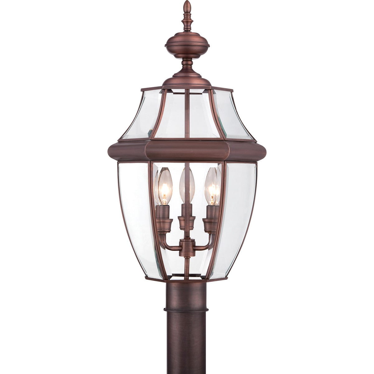 Quoizel Newbury 12.5in 3-Light Outdoor Lantern | Classic Aged Copper and Clear Beveled Glass | Front Porch & Entryway | Model NY9043AC