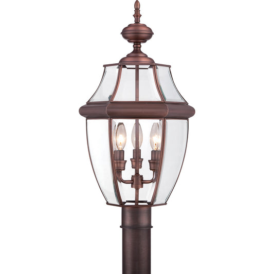 Quoizel Newbury 12.5in 3-Light Outdoor Lantern | Classic Aged Copper and Clear Beveled Glass | Front Porch & Entryway | Model NY9043AC