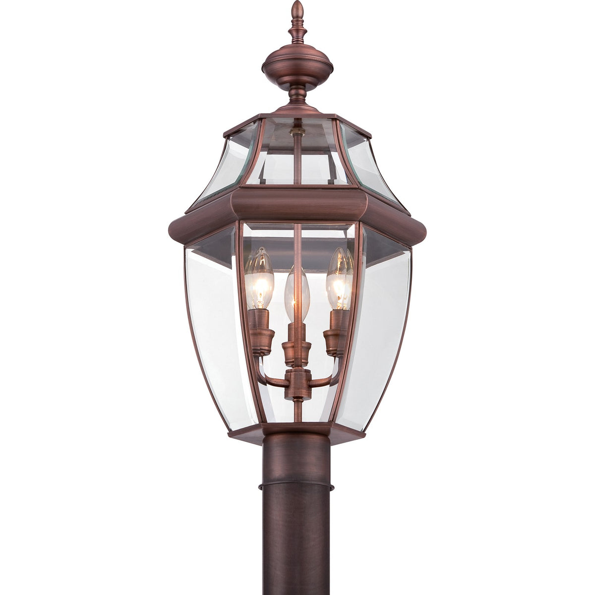 Quoizel Newbury 12.5in 3-Light Outdoor Lantern | Classic Aged Copper and Clear Beveled Glass | Front Porch & Entryway | Model NY9043AC