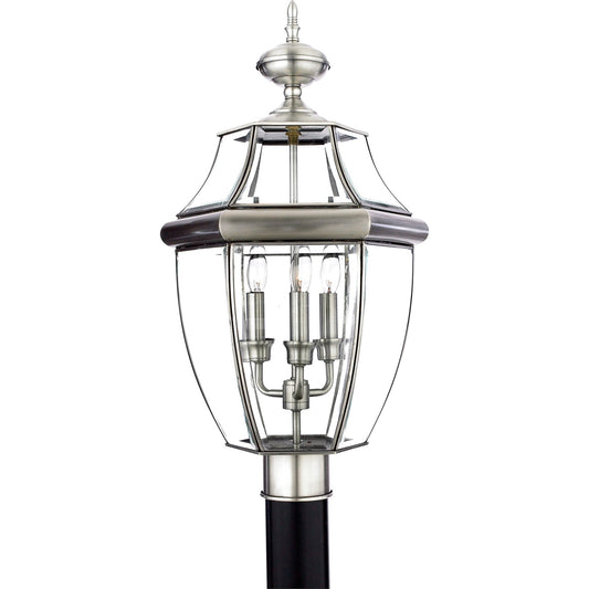 Quoizel Newbury 12.5in 3-Light Outdoor Lantern | Traditional Pewter Brass and Clear Beveled Glass | Front Porch & Entryway | Model NY9043P