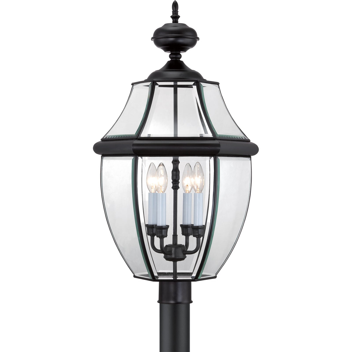 Quoizel Newbury 16in 4-Light Outdoor Lantern | Traditional Mystic Black Brass and Clear Beveled Glass | Front Porch & Entryway | Model NY9045K