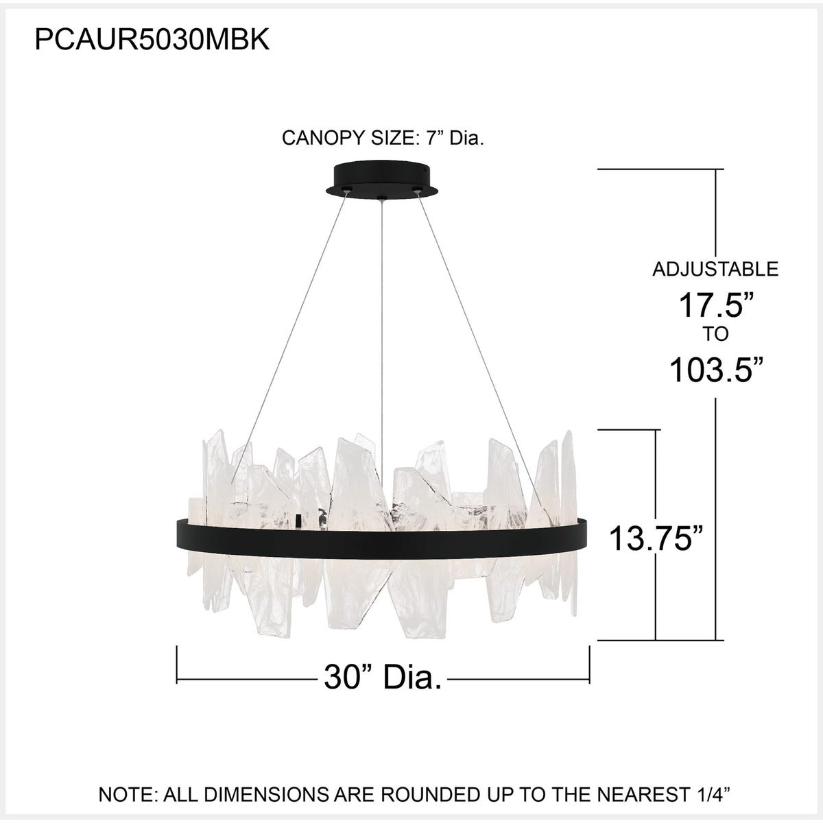 Quoizel Aurelia 30in Round Chandelier | Modern Matte Black and White Swirl Glass | Dining Room & Living Room | 30 x 30 x 13.75 in | Model PCAUR5030MBK