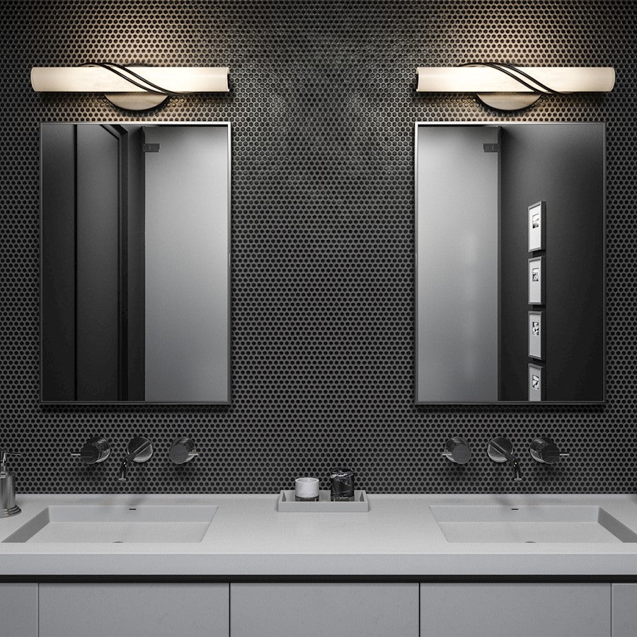 Quoizel Serenade 19in LED Vanity Light | Contemporary Matte Black and White Etched Glass | Bathroom Vanity | 19 x 4 x 4.75 in | Model PCSQ8519MBK