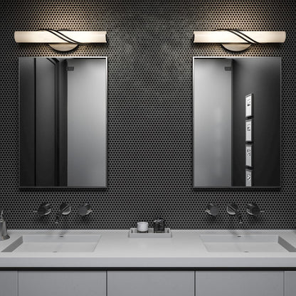 Quoizel Serenade 19in LED Vanity Light | Contemporary Matte Black and White Etched Glass | Bathroom Vanity | 19 x 4 x 4.75 in | Model PCSQ8519MBK