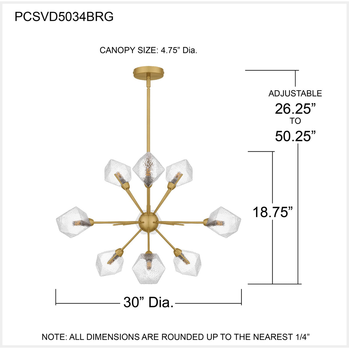 Quoizel Salvador 30in 9-Light Chandelier | Modern Brushed Gold and Clear Textured Glass | Dining Room & Living Room | Model PCSVD5034BRG