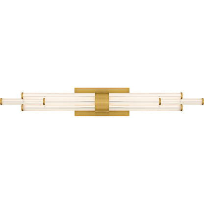 Quoizel Talbott 32in LED Bath Light | Modern Brushed Gold and Clear Ribbed Acrylic | Bathroom Vanity | 32 x 3.75 x 4.5 in, 20W | Model PCTAL8632BRG