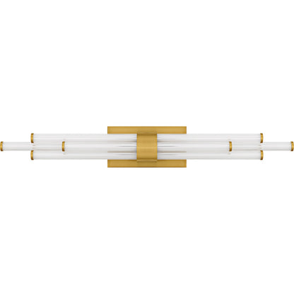 Quoizel Talbott 32in LED Bath Light | Modern Brushed Gold and Clear Ribbed Acrylic | Bathroom Vanity | 32 x 3.75 x 4.5 in, 20W | Model PCTAL8632BRG