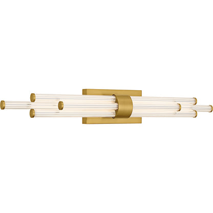 Quoizel Talbott 32in LED Bath Light | Modern Brushed Gold and Clear Ribbed Acrylic | Bathroom Vanity | 32 x 3.75 x 4.5 in, 20W | Model PCTAL8632BRG