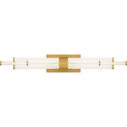 Quoizel Talbott 32in LED Bath Light | Modern Brushed Gold and Clear Ribbed Acrylic | Bathroom Vanity | 32 x 3.75 x 4.5 in, 20W | Model PCTAL8632BRG