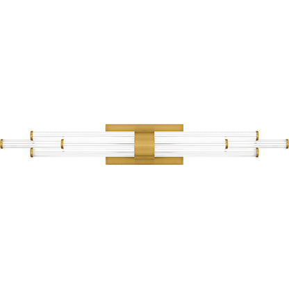 Quoizel Talbott 32in LED Bath Light | Modern Brushed Gold and Clear Ribbed Acrylic | Bathroom Vanity | 32 x 3.75 x 4.5 in, 20W | Model PCTAL8632BRG