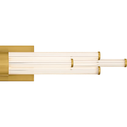 Quoizel Talbott 32in LED Bath Light | Modern Brushed Gold and Clear Ribbed Acrylic | Bathroom Vanity | 32 x 3.75 x 4.5 in, 20W | Model PCTAL8632BRG