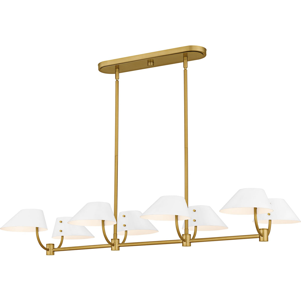 Quoizel Penley 42in 8-Light Linear Island Chandelier | Transitional Brushed Gold and White Metal | Kitchen Island & Dining Room | Model PNY842BRG
