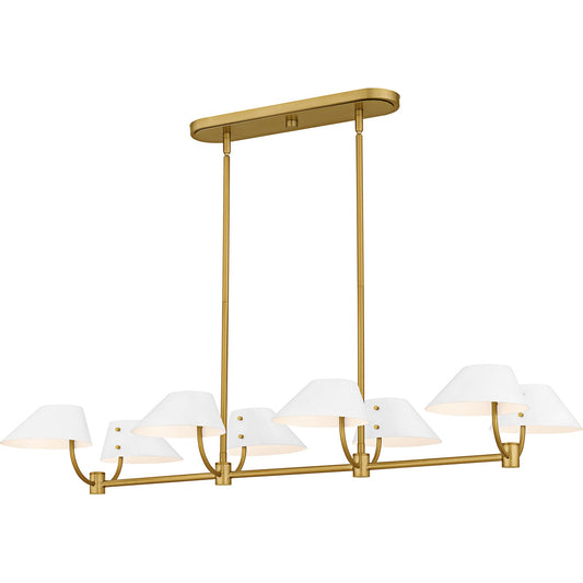 Quoizel Penley 42in 8-Light Linear Island Chandelier | Transitional Brushed Gold and White Metal | Kitchen Island & Dining Room | Model PNY842BRG