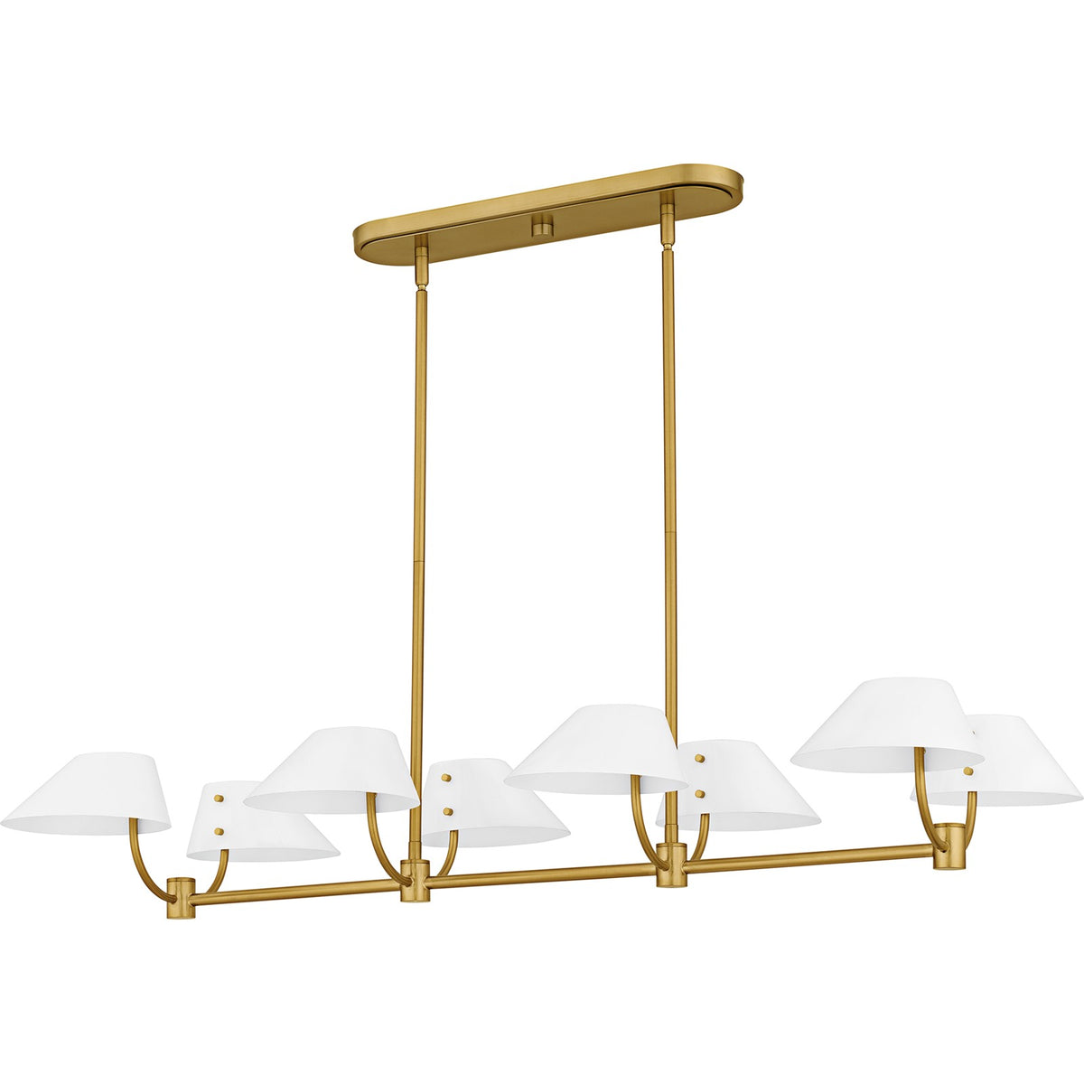 Quoizel Penley 42in 8-Light Linear Island Chandelier | Transitional Brushed Gold and White Metal | Kitchen Island & Dining Room | Model PNY842BRG