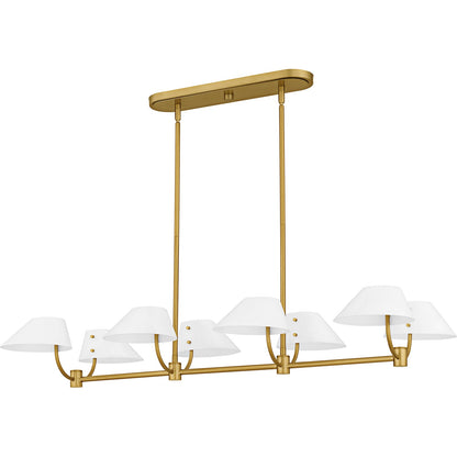 Quoizel Penley 42in 8-Light Linear Island Chandelier | Transitional Brushed Gold and White Metal | Kitchen Island & Dining Room | Model PNY842BRG