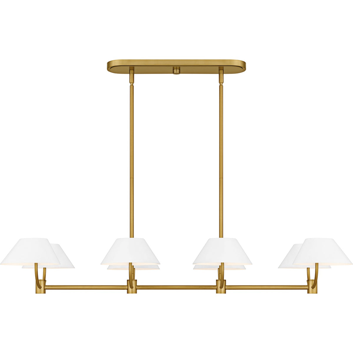 Quoizel Penley 42in 8-Light Linear Island Chandelier | Transitional Brushed Gold and White Metal | Kitchen Island & Dining Room | Model PNY842BRG