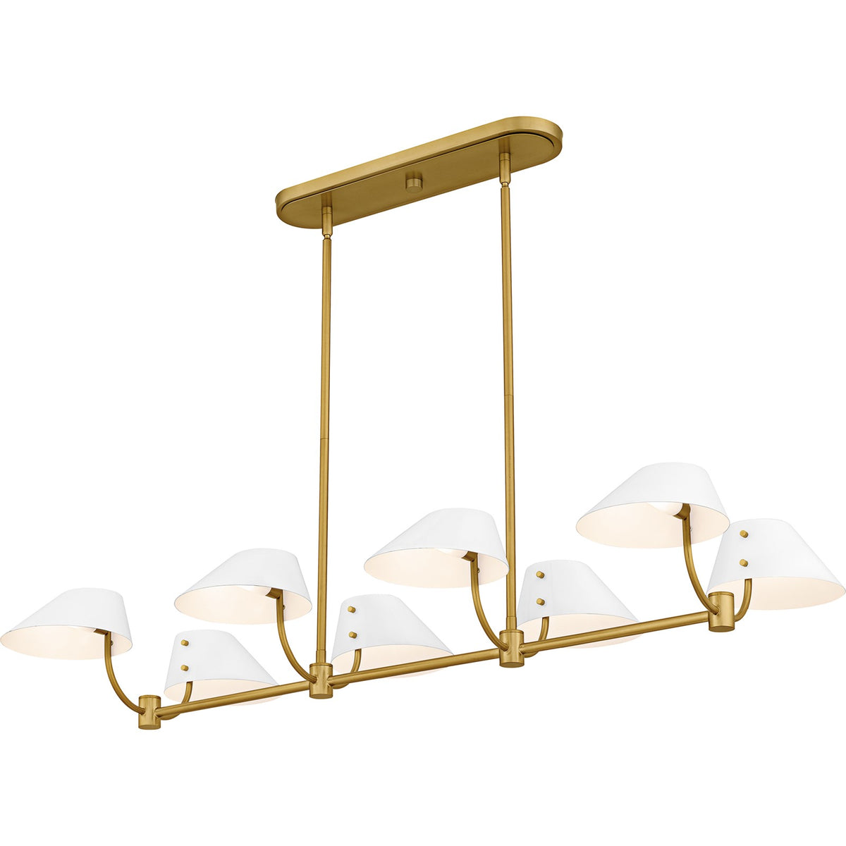 Quoizel Penley 42in 8-Light Linear Island Chandelier | Transitional Brushed Gold and White Metal | Kitchen Island & Dining Room | Model PNY842BRG