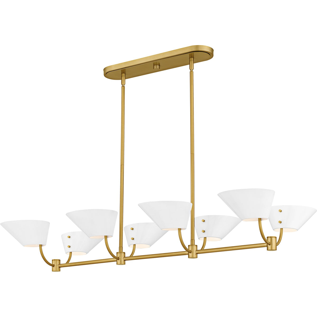 Quoizel Penley 42in 8-Light Linear Island Chandelier | Transitional Brushed Gold and White Metal | Kitchen Island & Dining Room | Model PNY842BRG