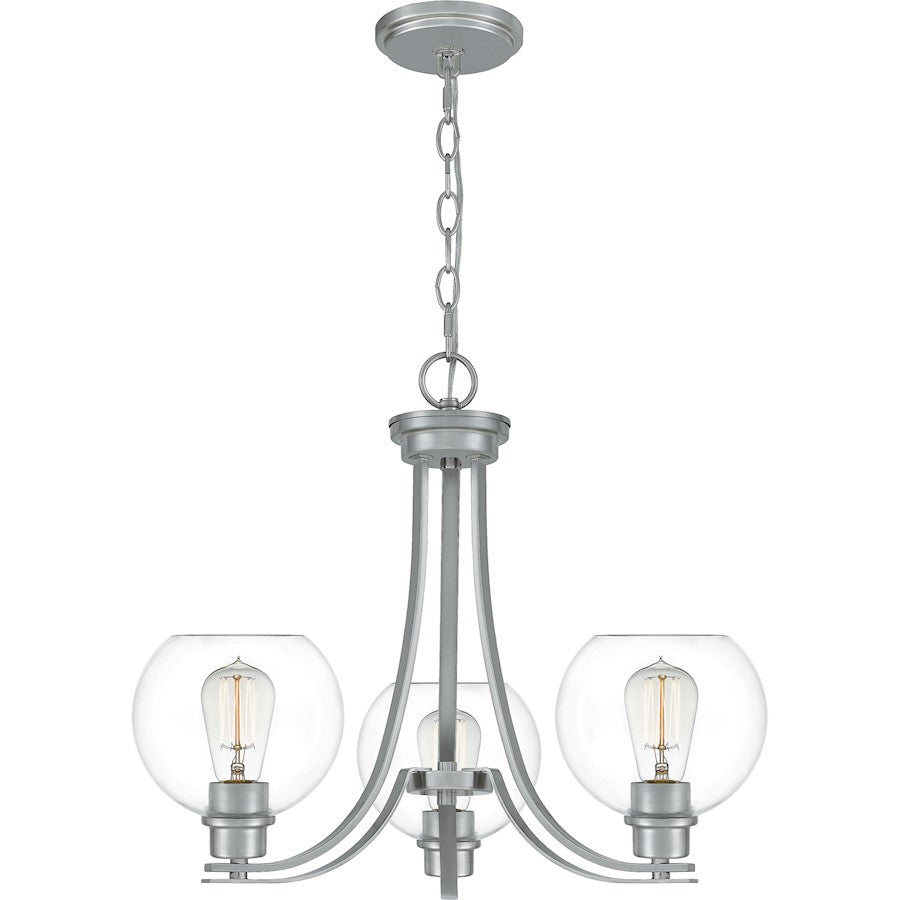 Quoizel Pruitt 3 Light Chandelier, Brushed Nickel/Clear