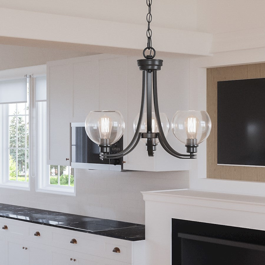 Quoizel Pruitt 3 Light Chandelier, Matte Black/Clear